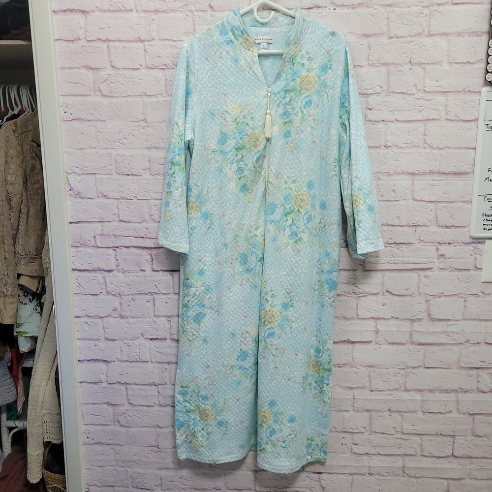 VTG Miss Elaine Quilted Floral Robe Coat Dressing Gown L Zip Front Cottagecore
